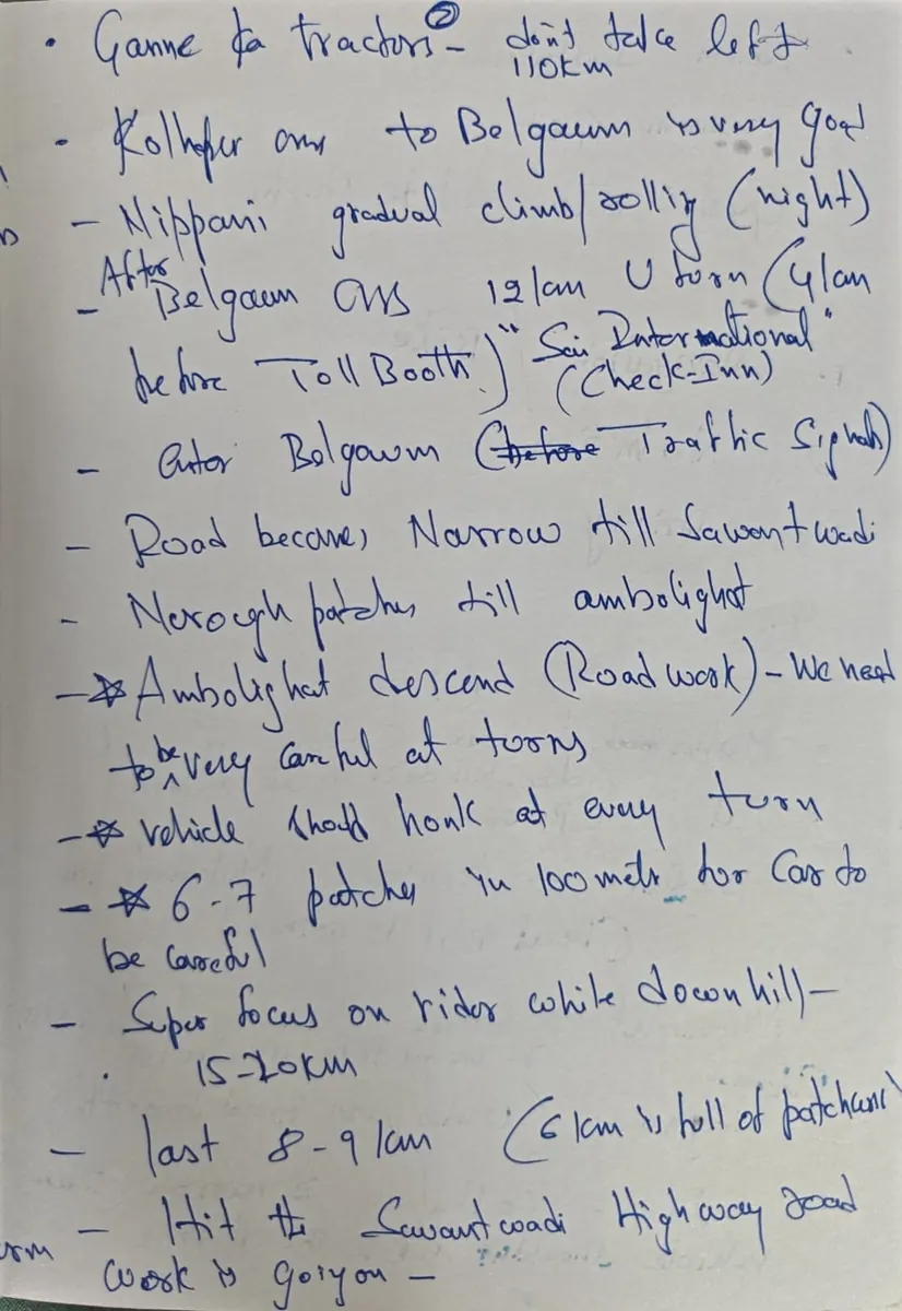 Handwritten crew notes for the Deccan Cliffhanger, mentioning Kolhapur, Belgaum and the Amboli descent